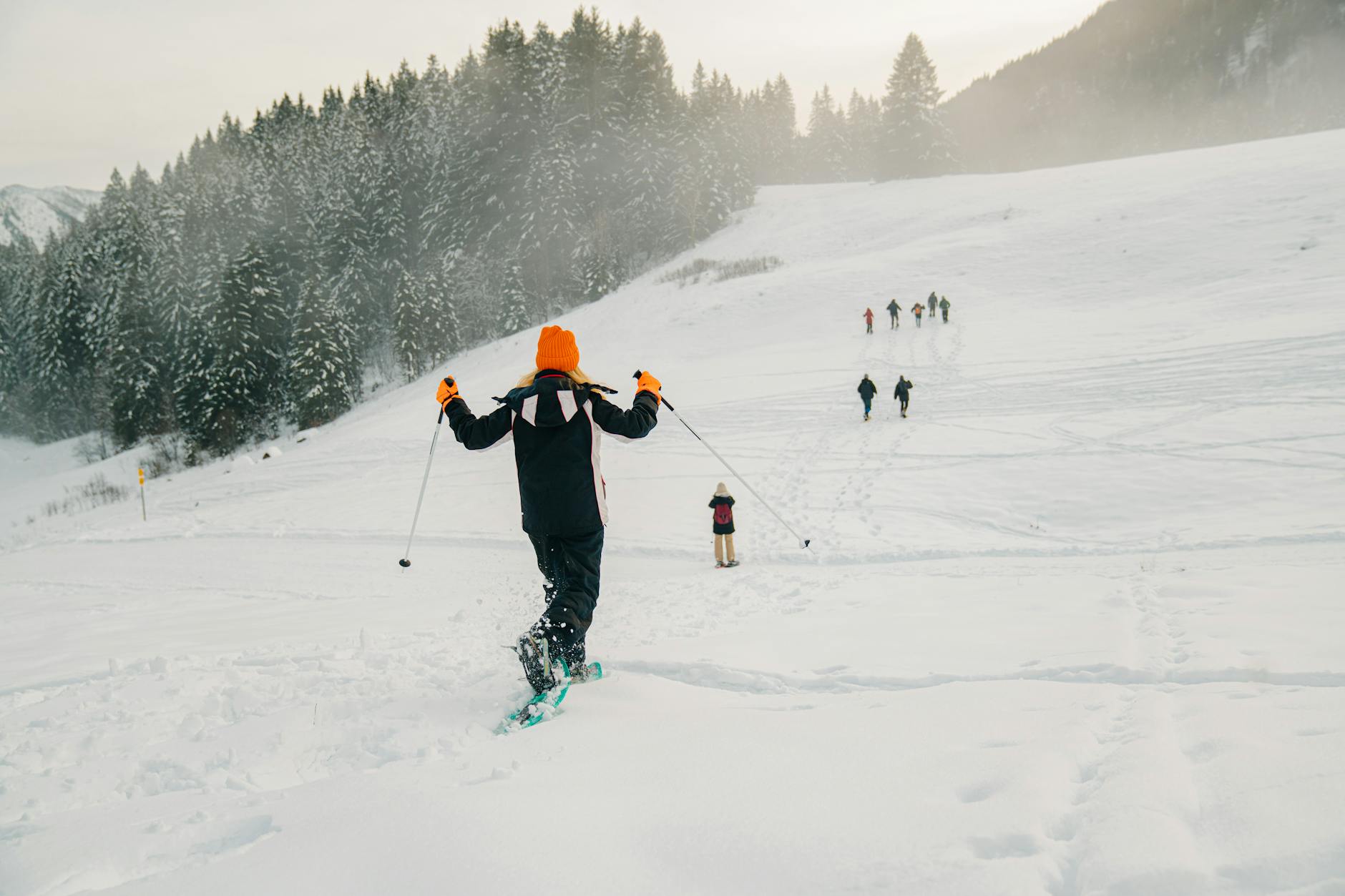 Skier enjoys a snowy mountain slope, surrounded by a serene winter landscape.